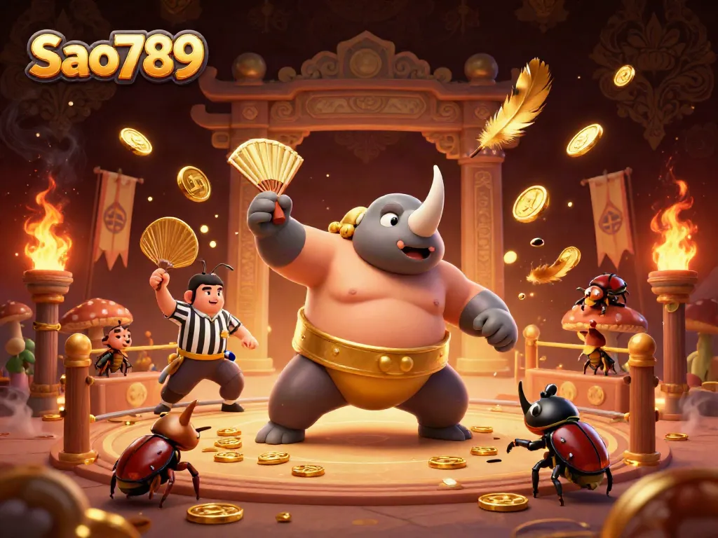 Sao789's cartoon beetle champion dominates a rich casino scene with golden coins and festive atmosphere.