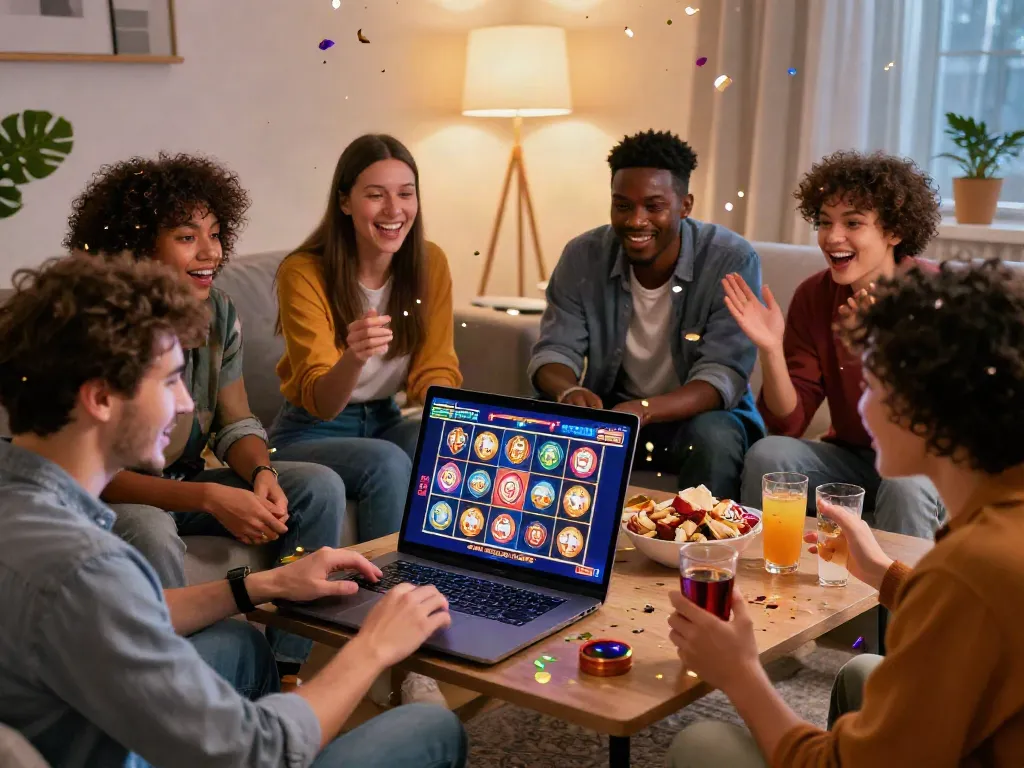 Friends enjoying สล็อตเว็บตรง online gaming night on a laptop with festive snacks.