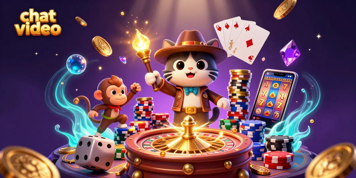 Connect via chat video with a lively 3D scene featuring a cat archaeologist, monkey, golden artifacts, and casino elements.