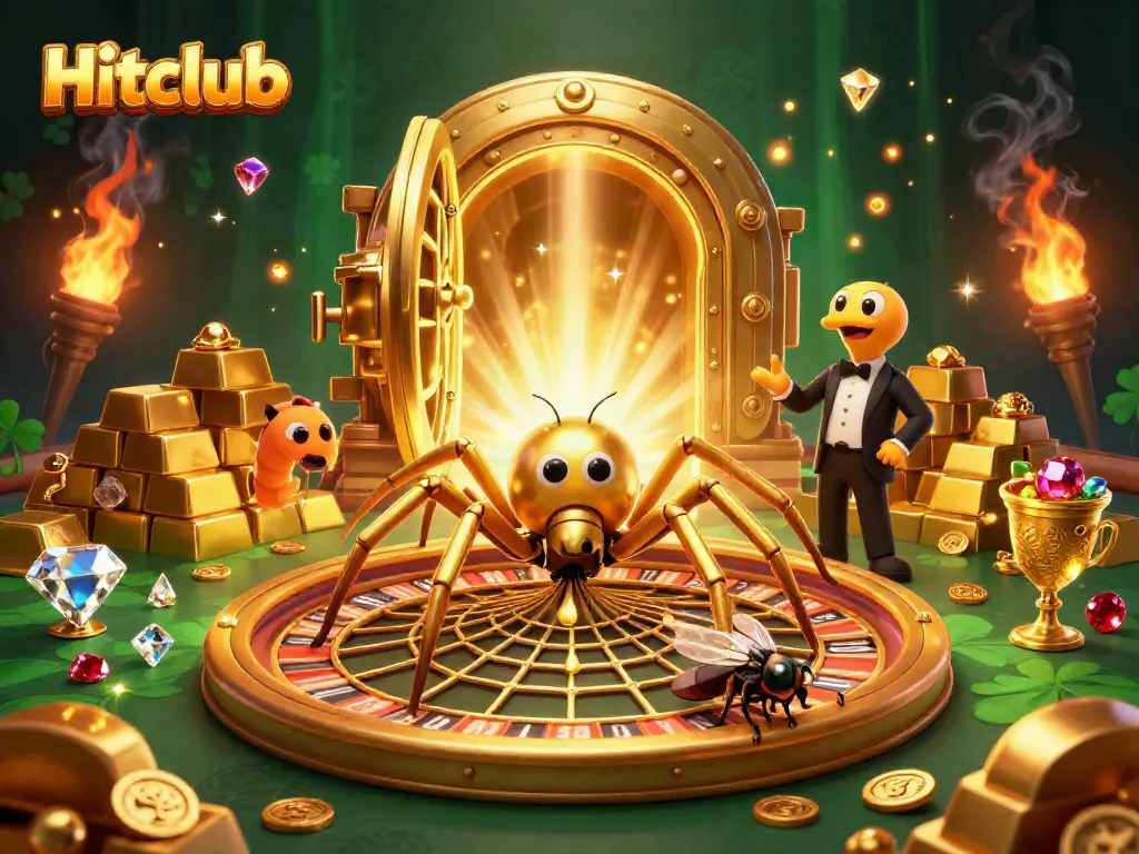 Experience thrilling gameplay at Hitclub as a spider spins a roulette wheel web amidst gold treasures.