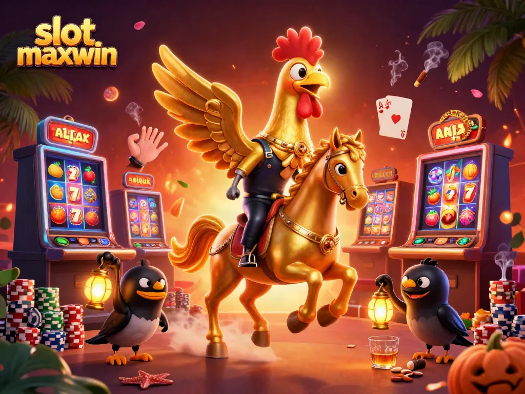 Experience the thrill of slot maxwin with an epic 3D casino illustration showcasing a golden rooster and its companions.