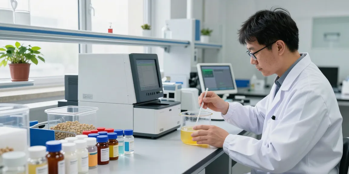 Laboratory technician analyzing phosphatidylserine powder with advanced equipment in a clean, bright environment