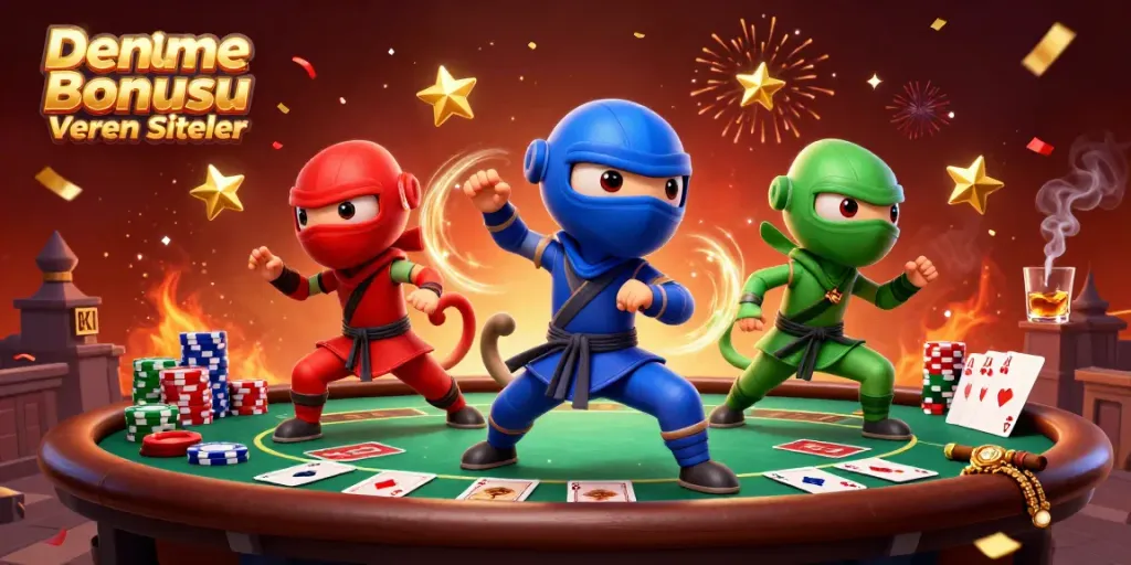Engaging 3D scene depicting Deneme Bonusu Veren Siteler with ninja chameleons on a poker rooftop.