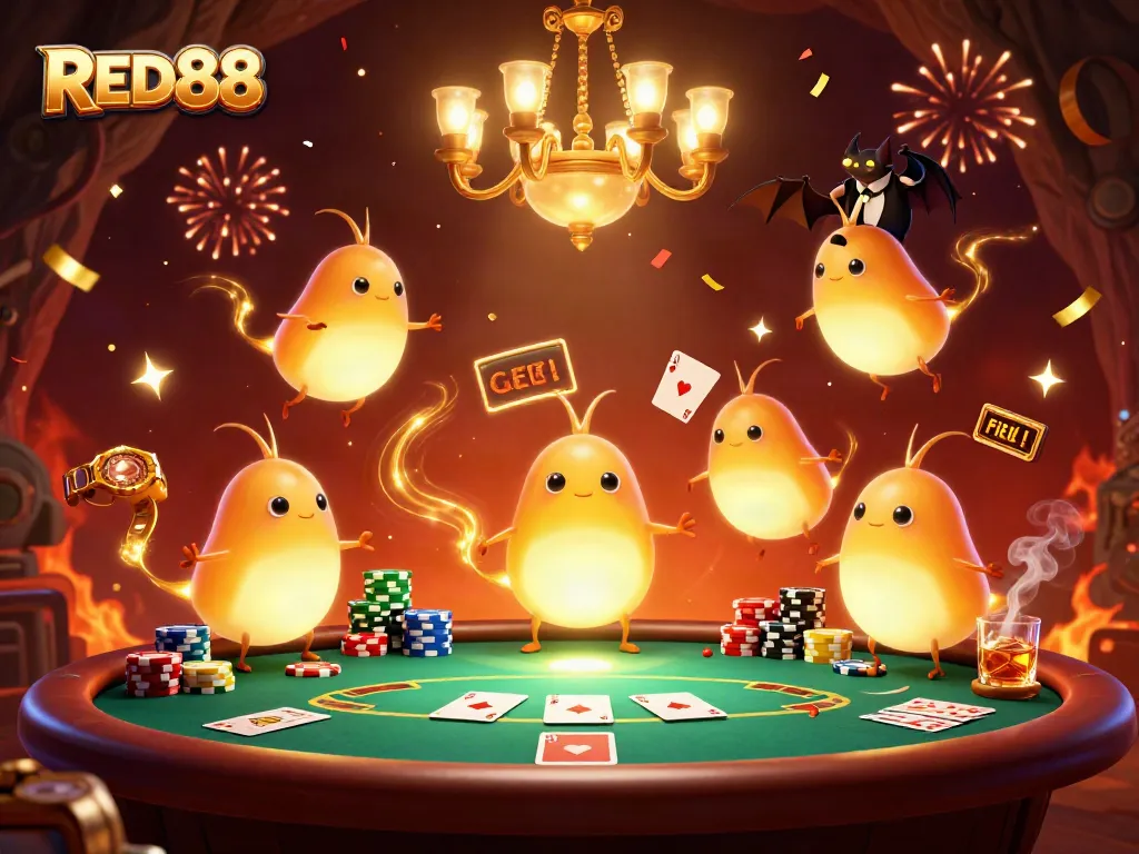 Experience the excitement at RED88's casino with vibrant cartoon characters lighting up a poker scene.
