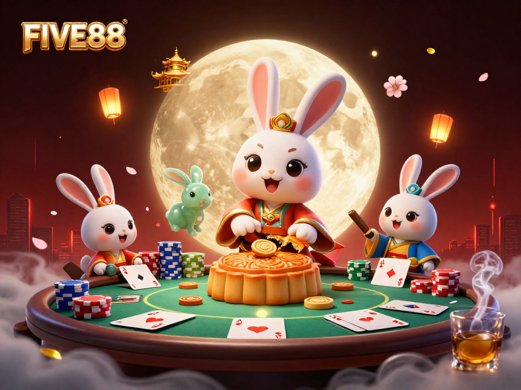 Win big with FIVE88 as a moon rabbit reveals poker chips in a vibrant casino scene.