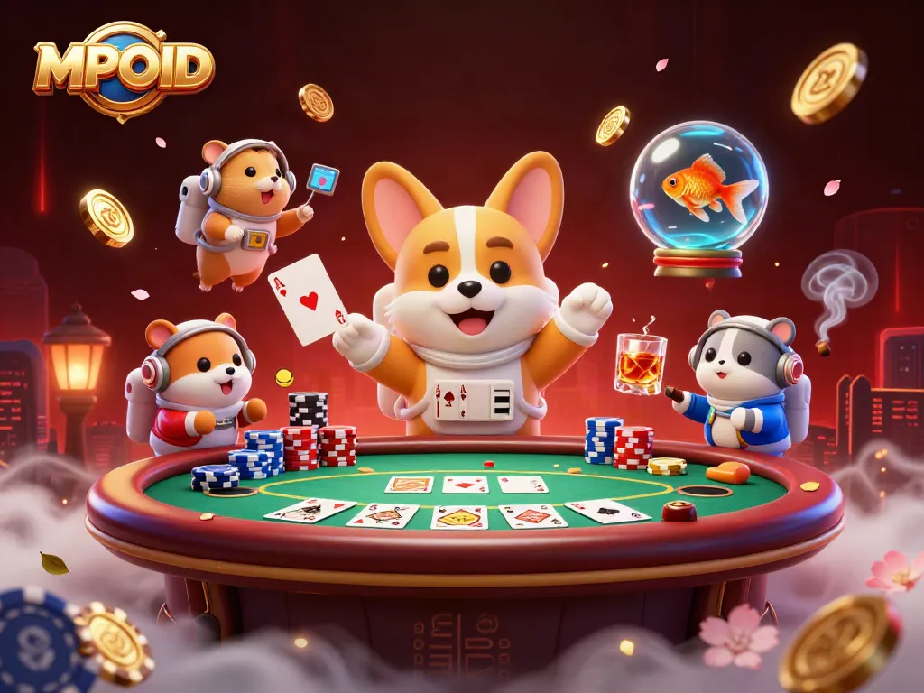 MPOID shows a 3D cartoon astronaut corgi in a casino filled with poker chips and golden coins for an engaging gaming experience.