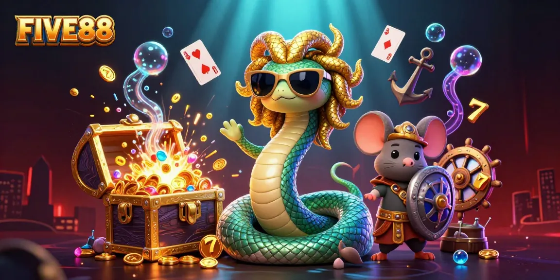 Experience opportunities at FIVE88 with vibrant slots spinning and gold coins captivating players.