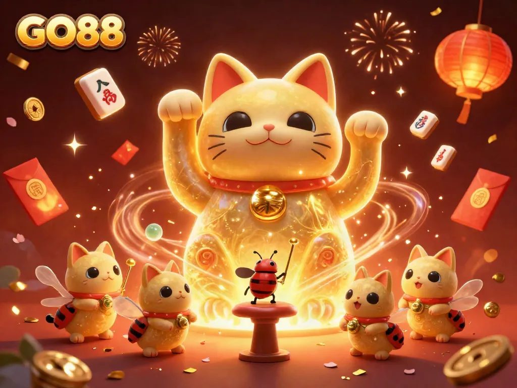 Experience the excitement of GO88 with a vibrant 3D illustration featuring a lucky cat and casino symbols.