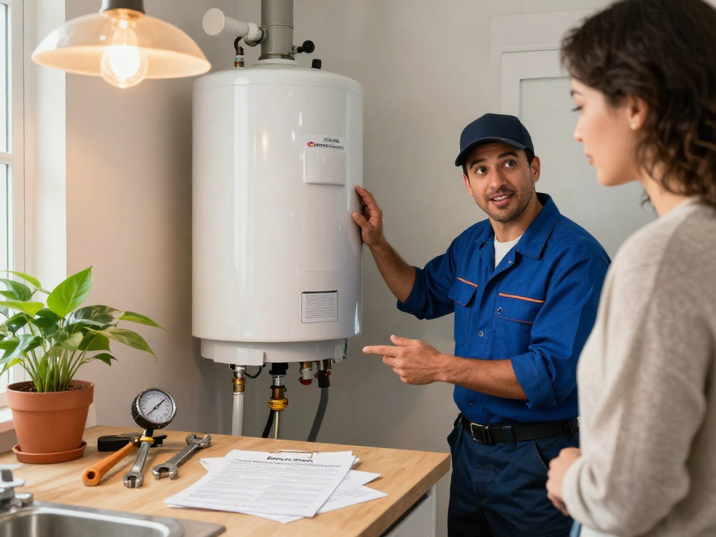 Professional plumber Fort Worth inspecting a water heater with homeowner in a cozy utility room.