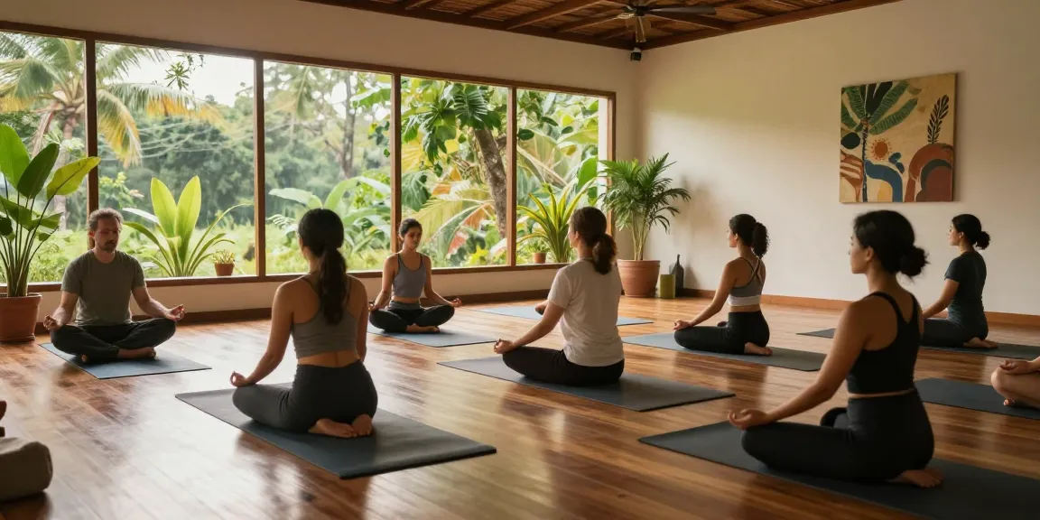 Yoga teacher training Sri Lanka participants enjoying a serene meditation session in a calming studio.
