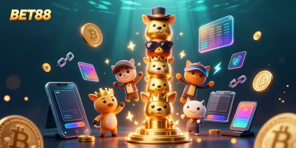 Experience the vibrant world of BET88 with animated casino accessories and crypto elements.
