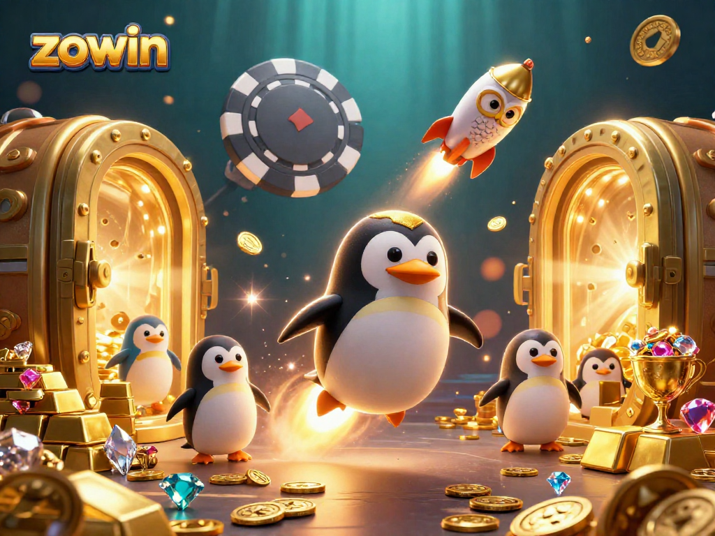 Experience thrilling action with zowin's golden penguin and vibrant casino elements.