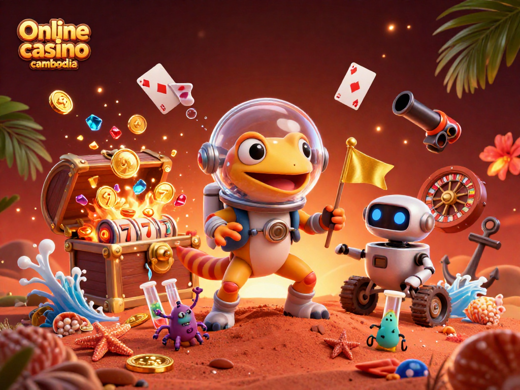 Experience the thrill at Online casino Cambodia with vibrant gaming illustrations featuring slot machines and roulette.
