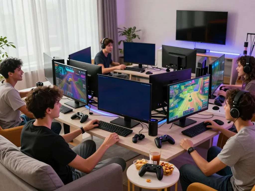 Friends enjoying an engaging gaming session with ahha4d on large screen, colorful game visuals, and interactive atmosphere.