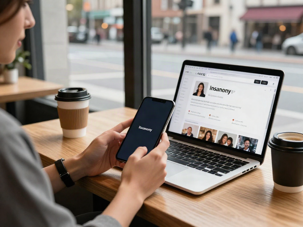 Using the Insanony app in a modern coffee shop setting