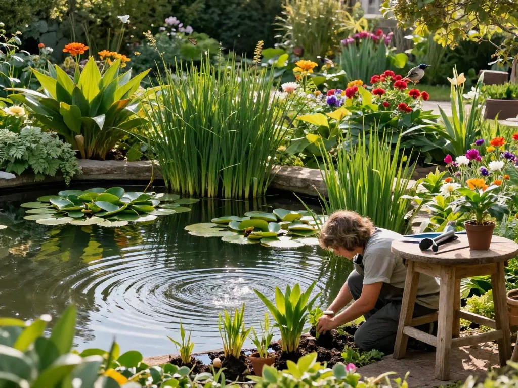 Pond Plants flourishing in a vibrant backyard pond garden, with a gardener planting new aquatic specimens.