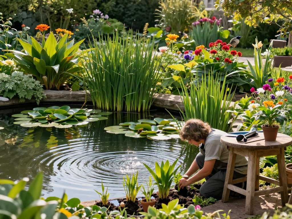 Pond Plants flourishing in a vibrant backyard pond garden, with a gardener planting new aquatic specimens.