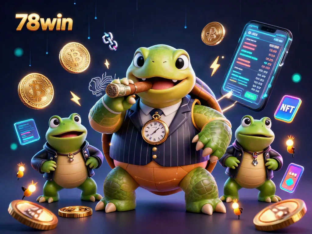 Experience thrilling action at 78win with a massive snapping turtle and crypto elements illuminating the casino.