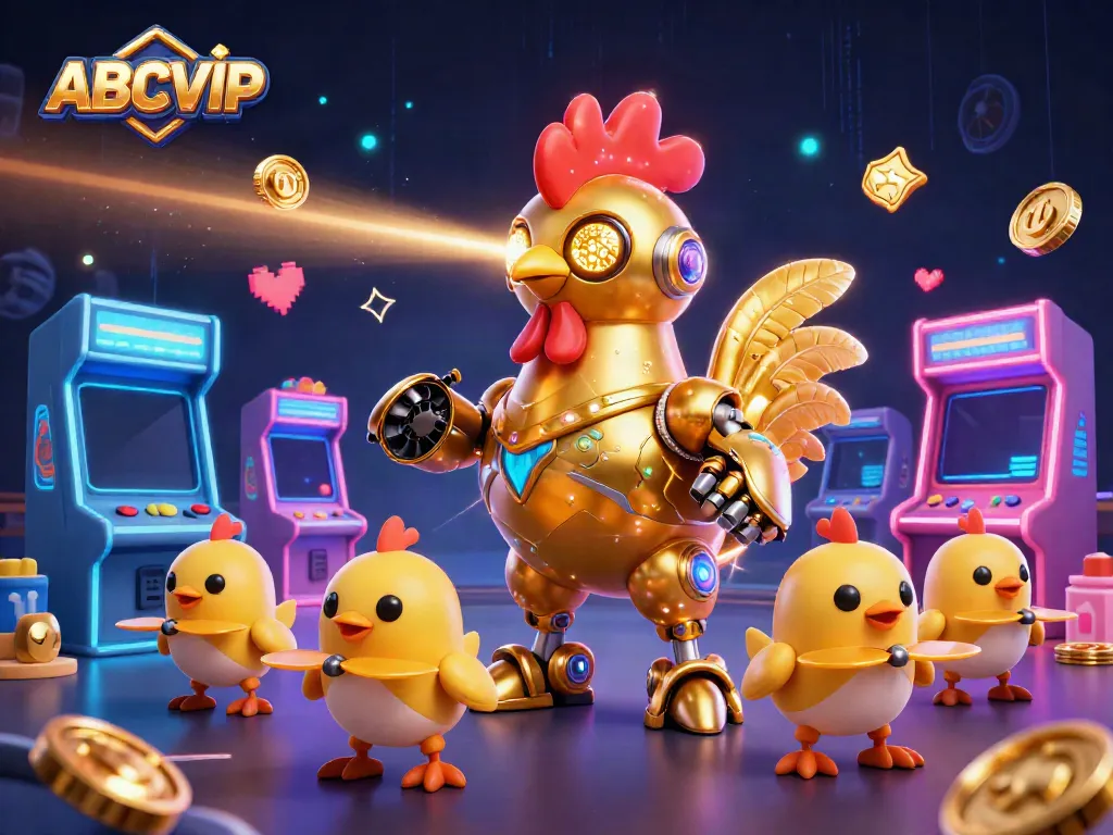 Experience thrilling ABCVIP casino action with a golden rooster robot leading colorful game elements in an arcade-like atmosphere.