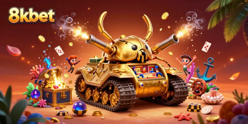 Experience thrilling wins at 8kbet's vibrant virtual casino world with golden beetle tank theme.