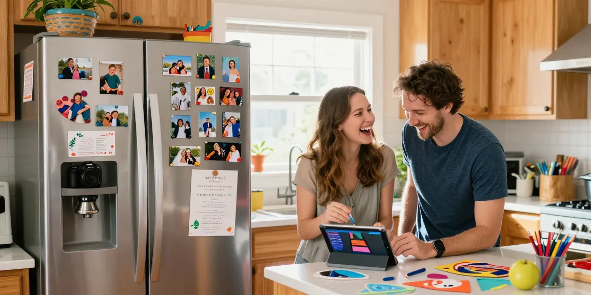 Couple creating personalized photo magnets in a bright kitchen