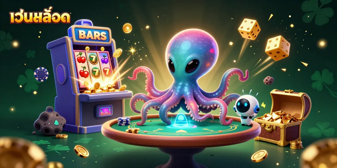 Win big with เว็บสล็อต as a vibrant casino scene features a cartoon alien octopus and treasure-filled slot machine.