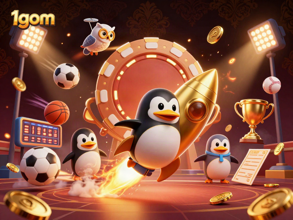 Engage with 1gom in this vibrant 3D casino illustration depicting a golden penguin in space.