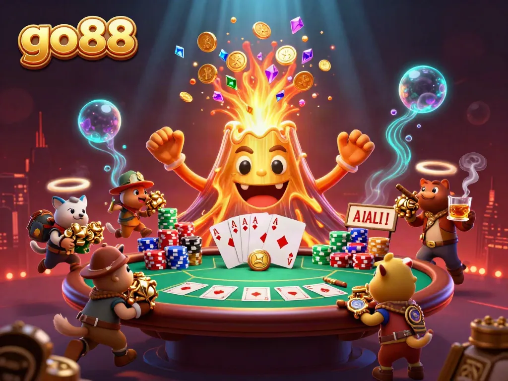 Engage in thrilling gameplay at go88, where a triumphant volcano erupts with treasure amidst dynamic poker action.