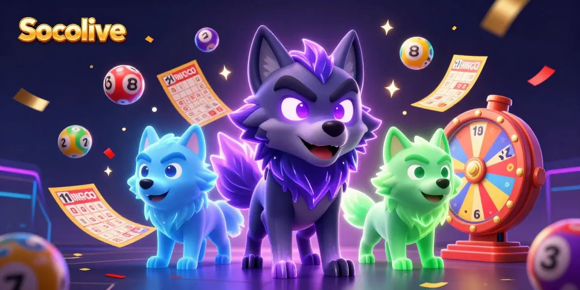 Socolive elevates the viewing experience with energetic wolf characters surrounded by vibrant lottery elements.