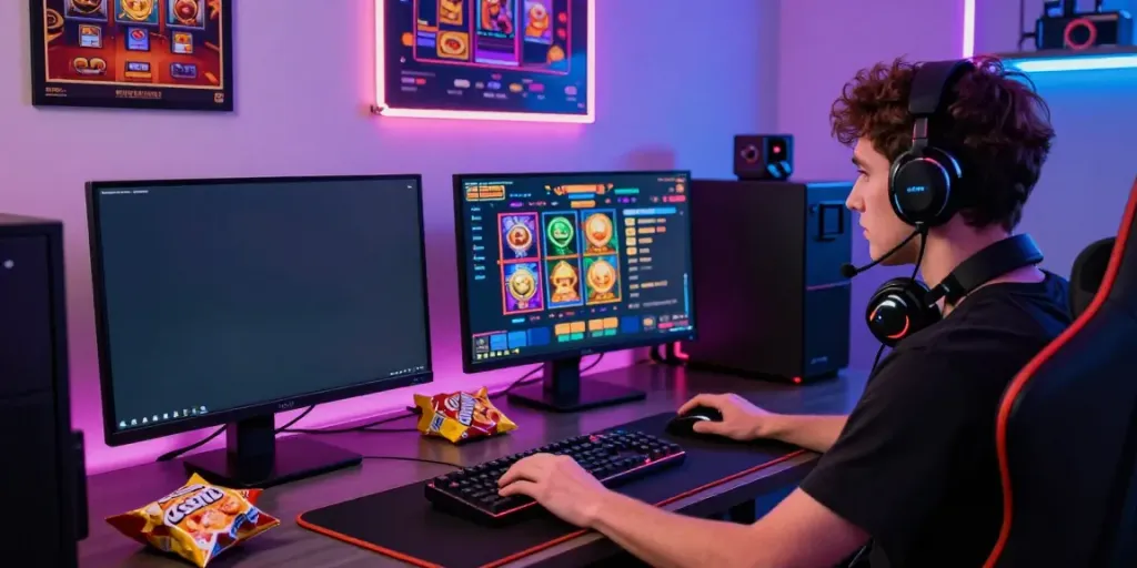 Pengalaman judi slot online yang mengasyikkan dengan gamer fokus pada permainan di layar.