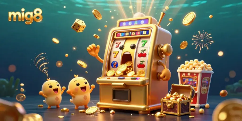 Experience thrilling wins at mig8 with a golden slot machine hitting the jackpot, surrounded by joyous companions and vibrant casino symbols.