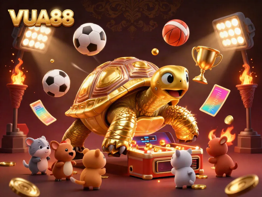 Experience the excitement of VUA88 with a golden tortoise pinball machine, surrounded by dynamic sports betting elements.