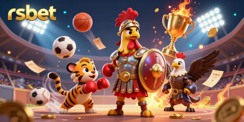 Experience the thrill of rsbet with a 3D gladiator rooster and sports elements in a dynamic arena.