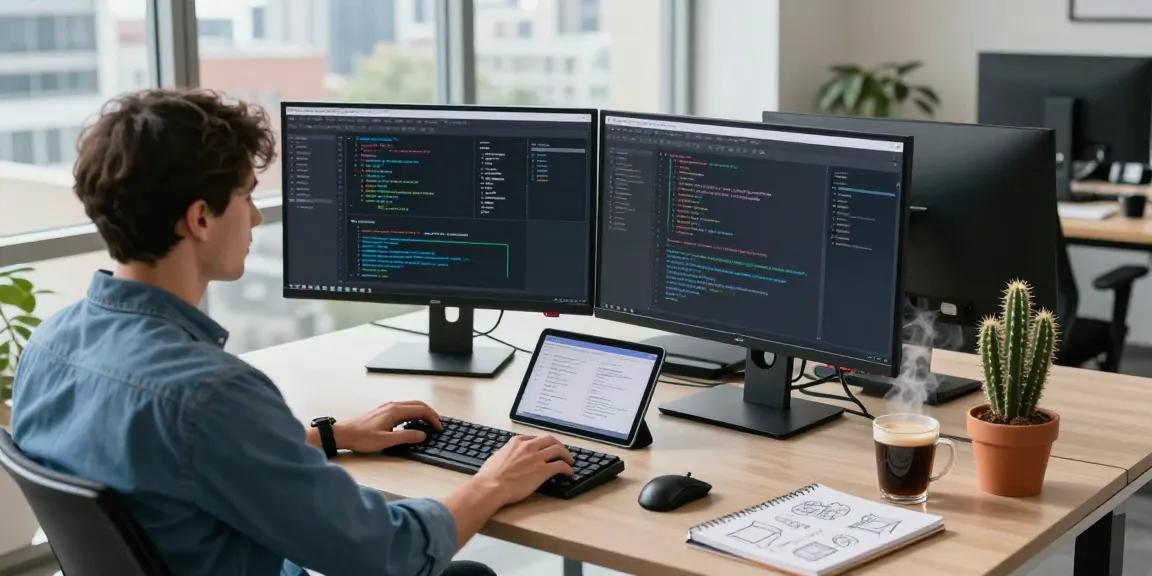 Developer coding with cika4d on dual monitors in a modern office