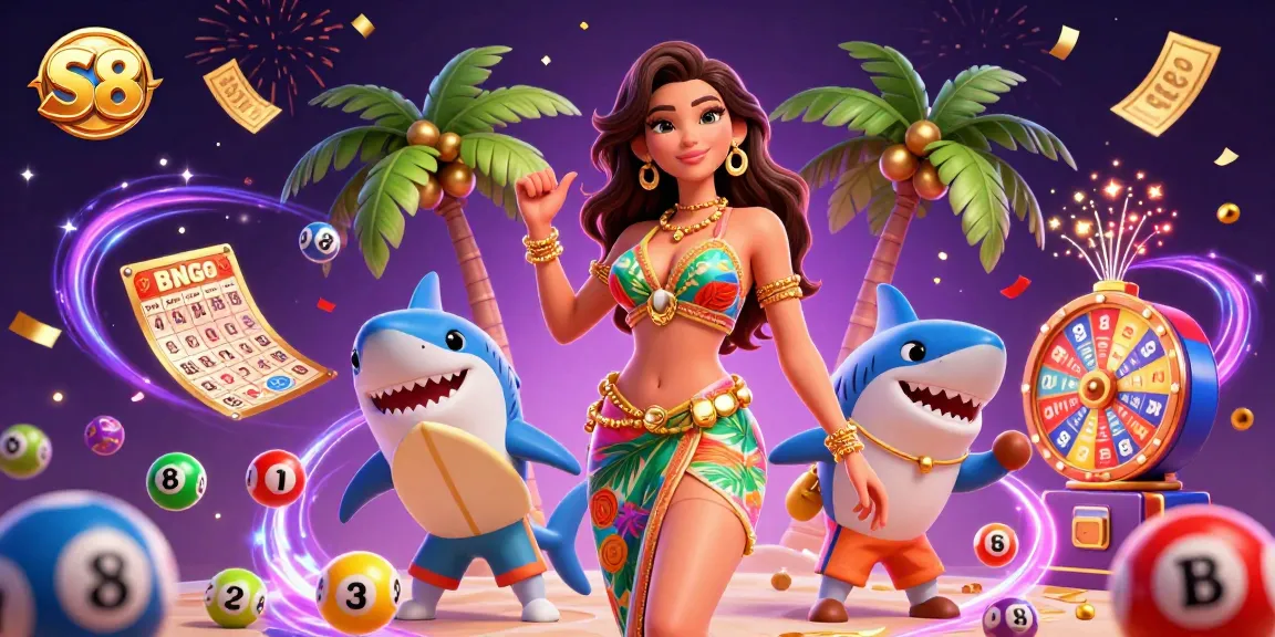 S8 sets the stage with vibrant lottery excitement, showcasing a glamorous beach goddess and playful shark amidst dynamic gaming elements.