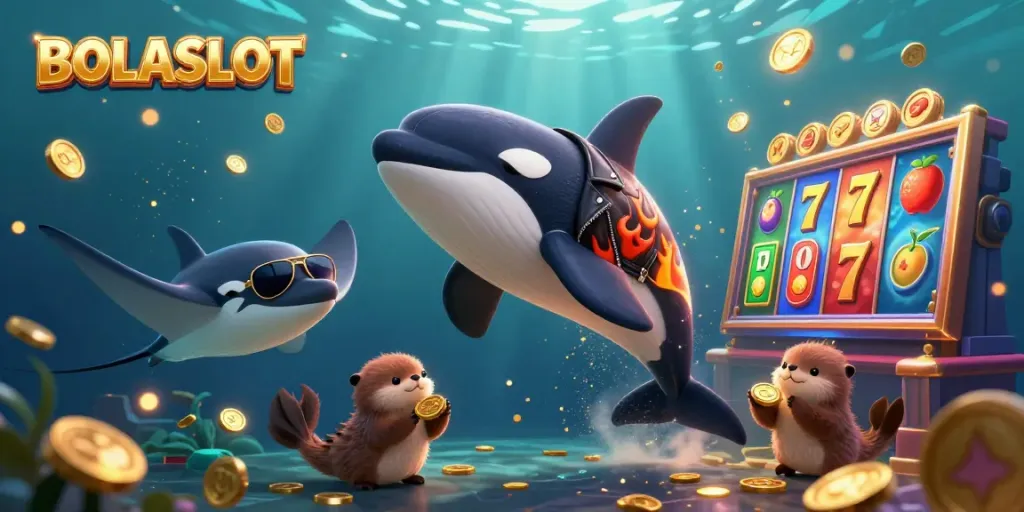 BOLASLOT presents a dynamic scene with vibrant characters celebrating slot wins amidst underwater elements.