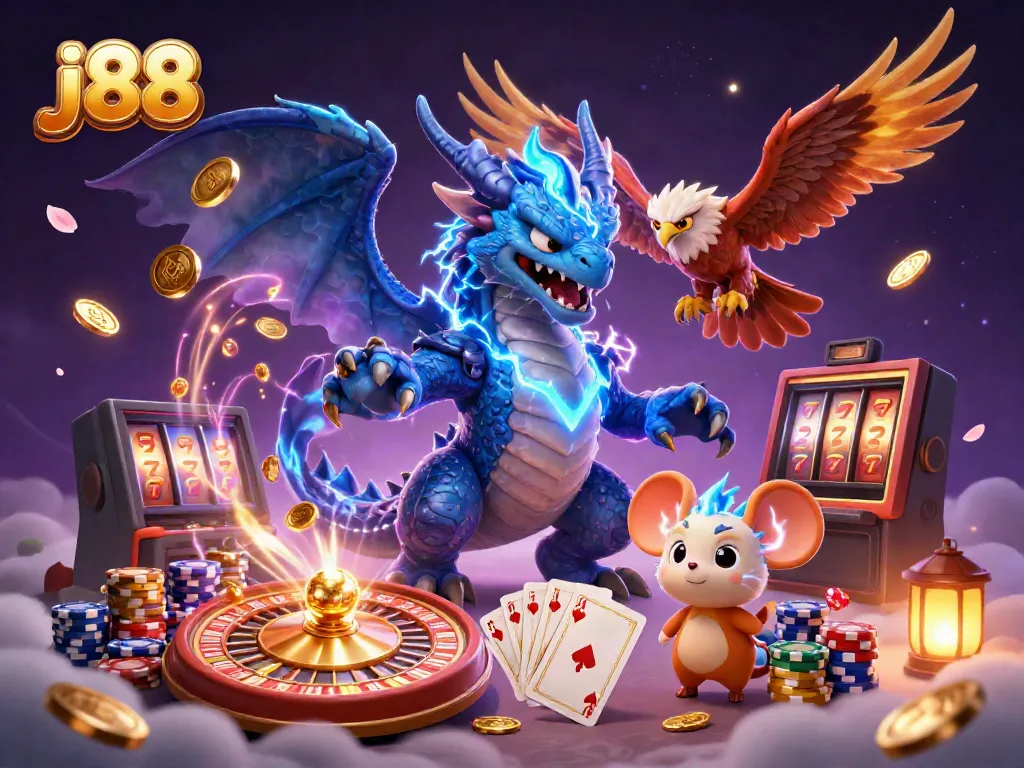 Experience the thrill of j88 with a dynamic casino scene featuring enchanting characters and vibrant game elements.