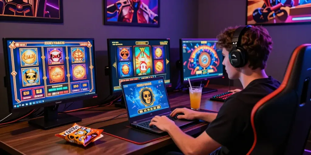 Engaging player enjoying judi slot online on a laptop with vibrant graphics and snacks.