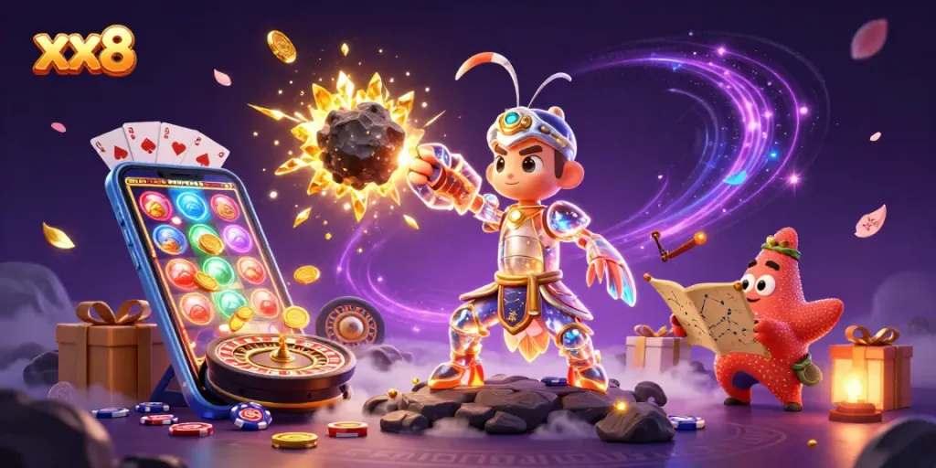 xx8 galactic samurai mantis shrimp smashing an asteroid for gold and gems in a vibrant casino landscape