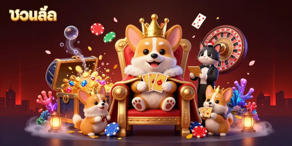 Experience thrilling gaming excitement with lively cartoon characters depicted in "บอลสด" themed gambling scene, showcasing poker and luxury.