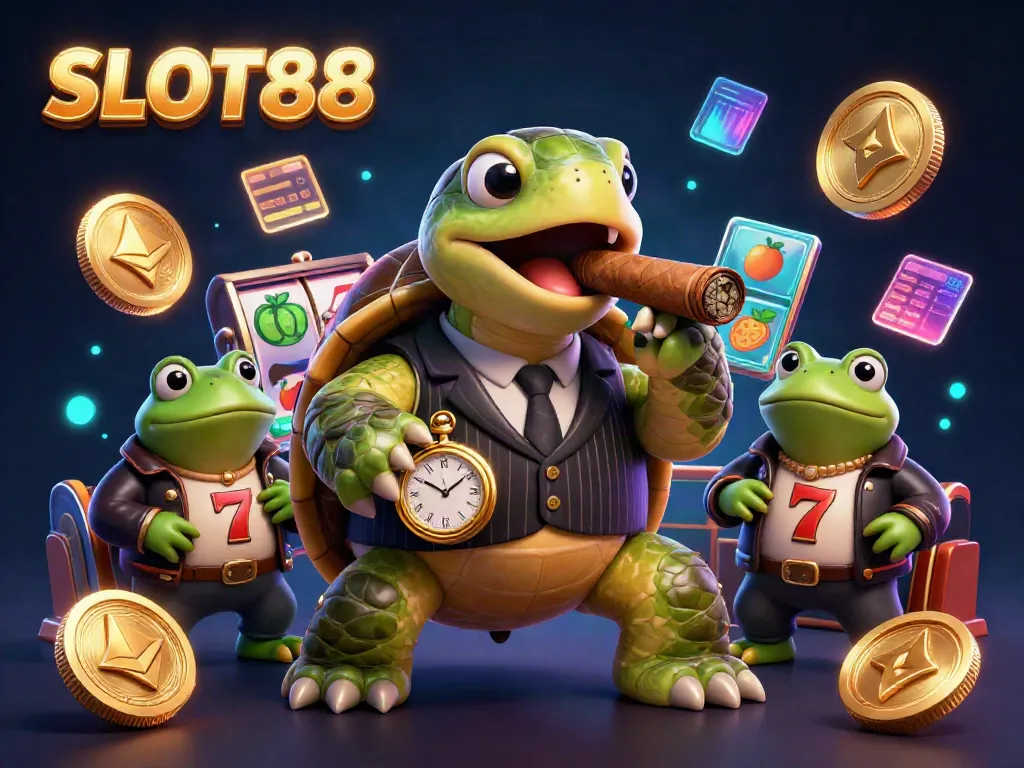 SLOT88 captures the excitement of slots with a turtle mobster and bullfrogs amidst dazzling casino symbols.