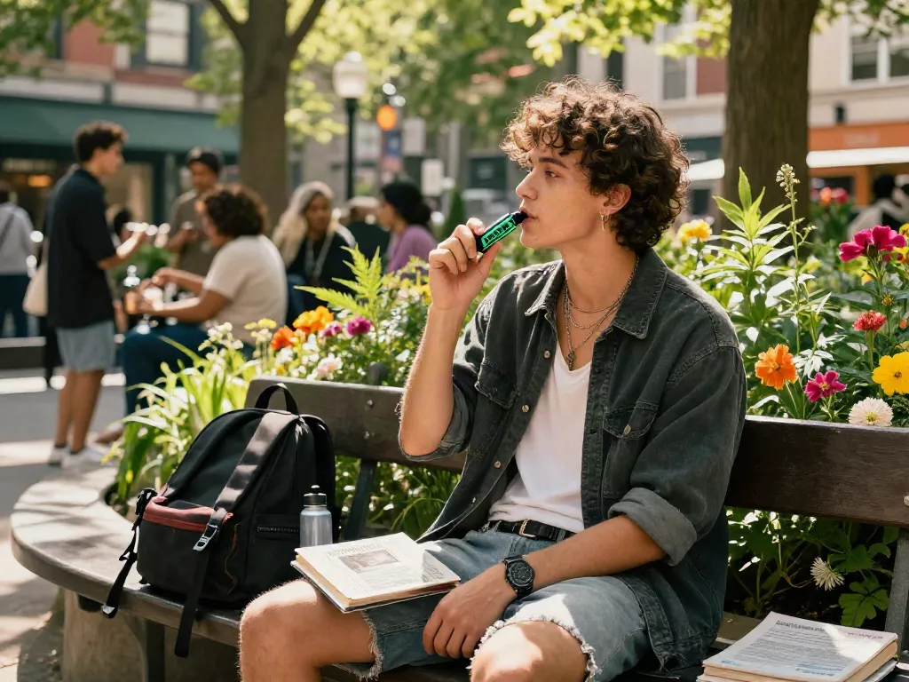 Individual enjoying an Alien Labs Disposable vape pen in a vibrant city park, capturing modern cannabis lifestyle.