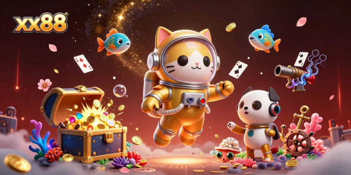 Engage with xx88 in a vibrant 3D digital casino scene featuring an astronaut cat and colorful game elements.