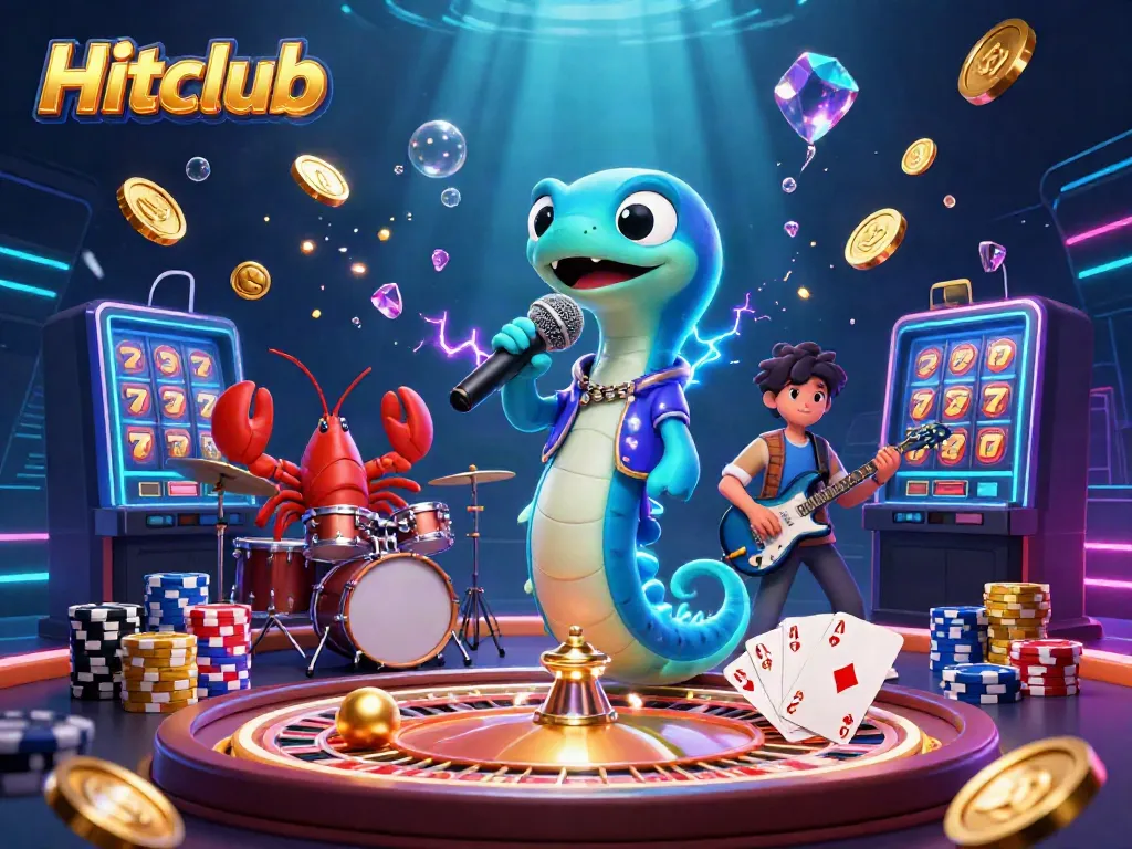Hitclub showcases an electric eel DJ with a lively backup band under an underwater casino stage, energizing the scene.