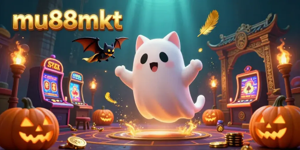 Engage with mu88mkt's exciting haunted casino adventure featuring a friendly ghost cat and vampire bat.
