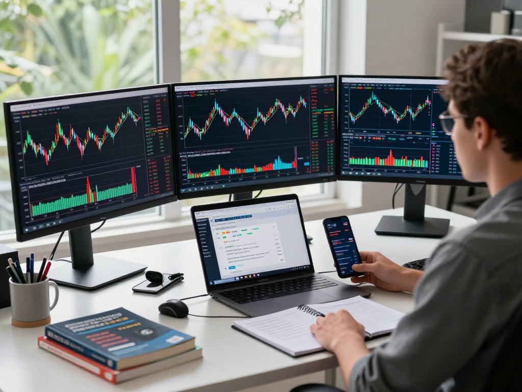 TradingView workspace featuring trader analyzing charts and alerts in a modern office environment.