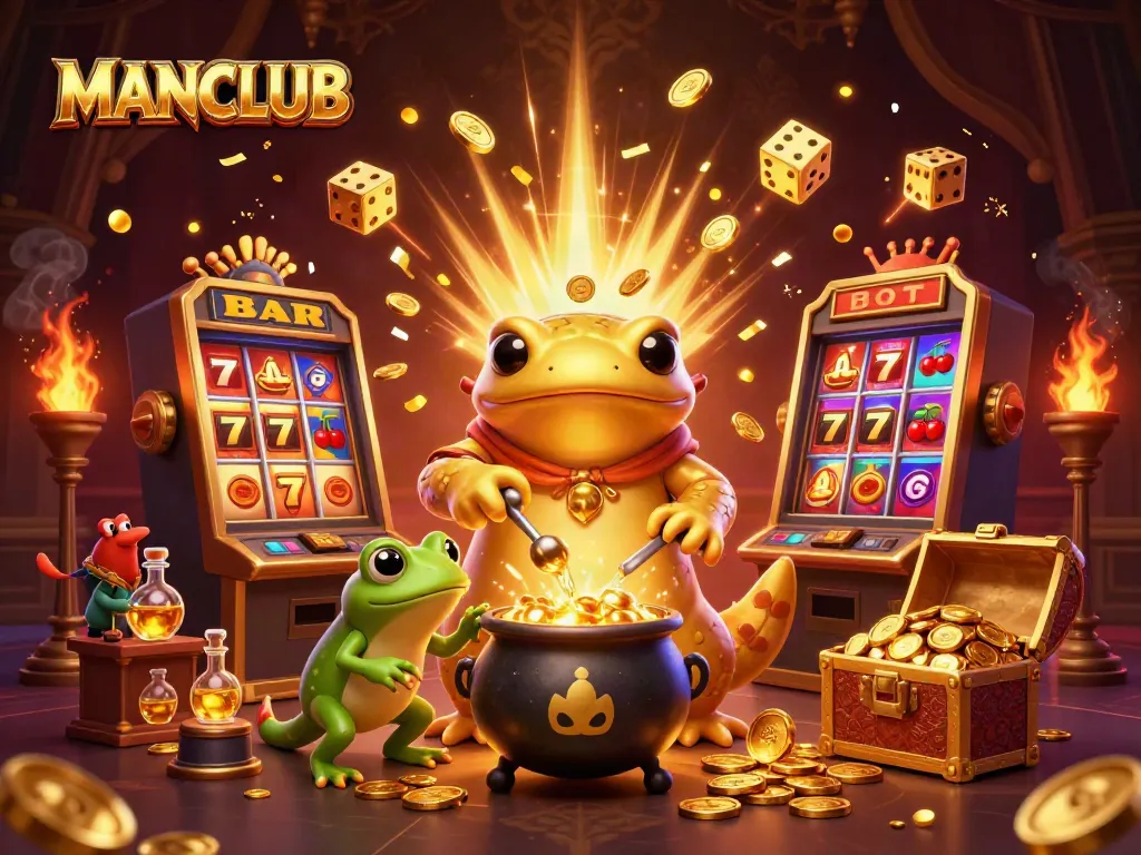 Join the MANCLUB fun at a vibrant casino scene with golden alchemist characters turning luck into winnings.