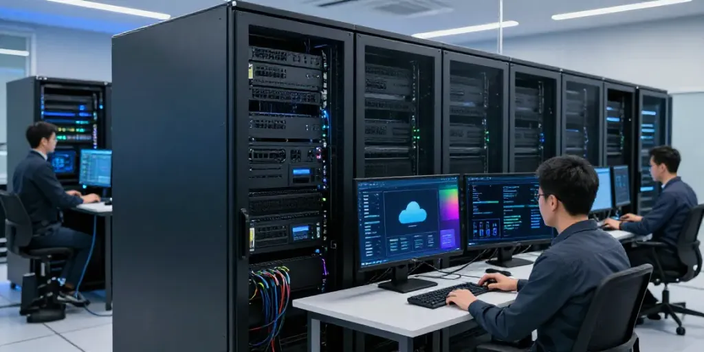 Hosting services interface shown in a modern data center with IT professionals monitoring performance metrics.
