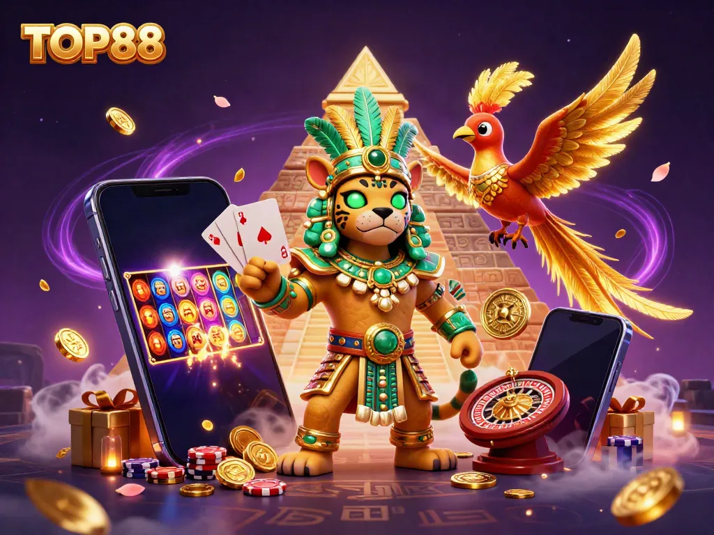 Engage with TOP88's vibrant casino illustrated scene showcasing dynamic slots and lively characters.