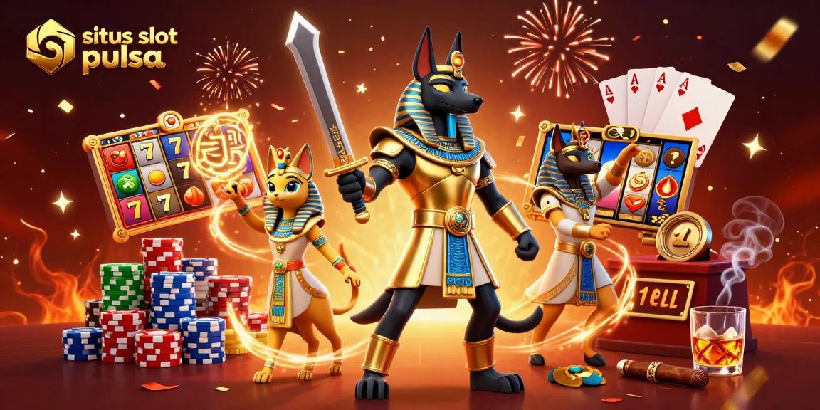 Situs slot pulsa offers a dynamic casino experience with Anubis and Bastet amidst vibrant gaming elements.